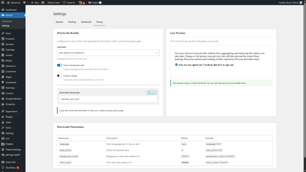 Matomo site kit out out script builder