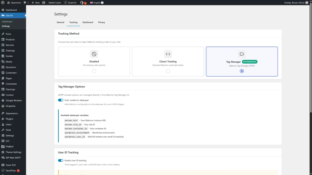 Matomo site kit tracking setup
