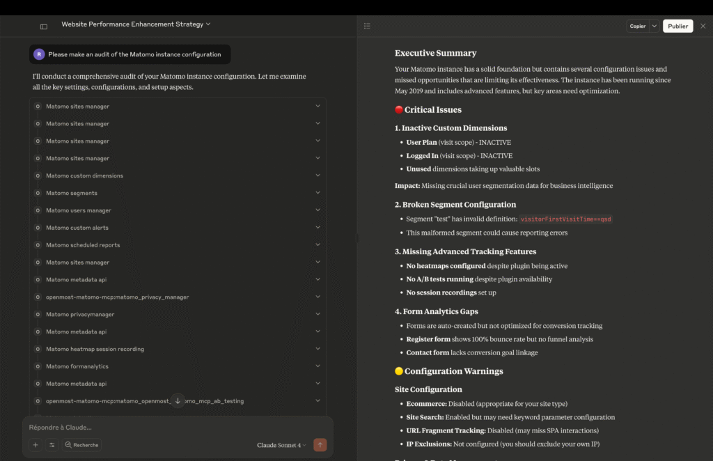 Matomo MCP running an audit of the Matomo instance
